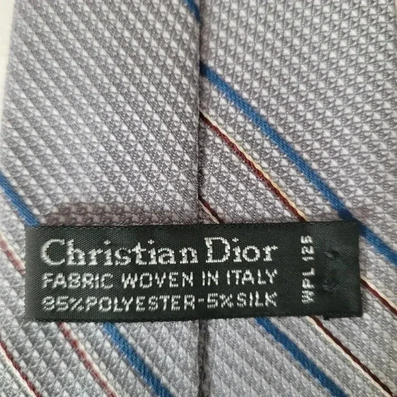 CHRISTIAN DIOR vintage men's gray blue red white striped career office necktie - Picture 5 of 6